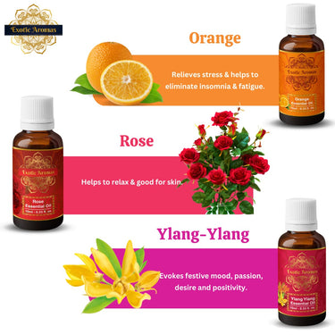 Exotic Aromas Essential Oil Lavender, Rose, Tea Tree, Jasmine, Ylang Ylang, Orange, Lemongrass, Peppermint, Rosemary, Pure & Natural (Pack of 9)